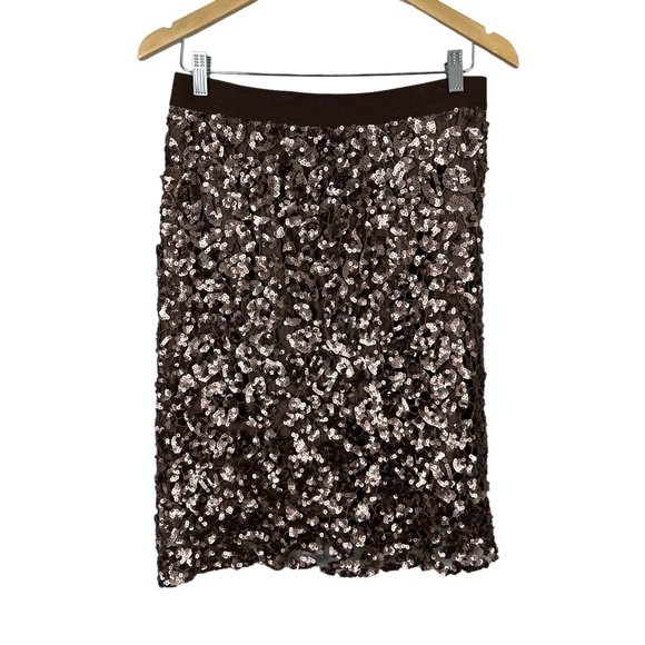 BCBG MaxAzria Skirt Medium Bronze Sequin Mesh Dorshea Pencil Glam Stretch New - Picture 1 of 10